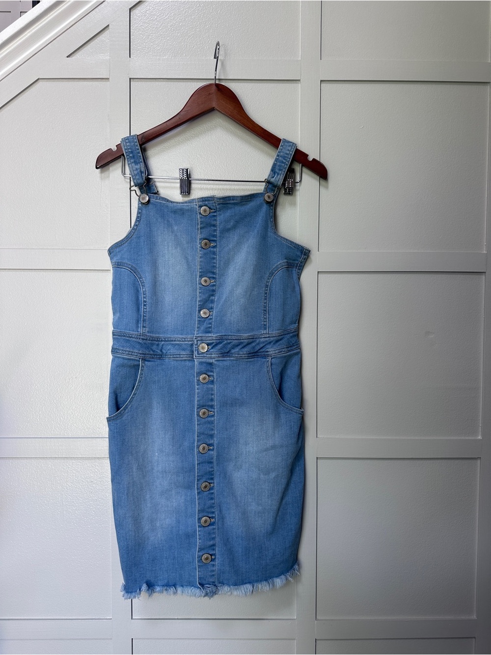 Wax Jean Light Blue Denim Button-Front Pinafore Mini Dress